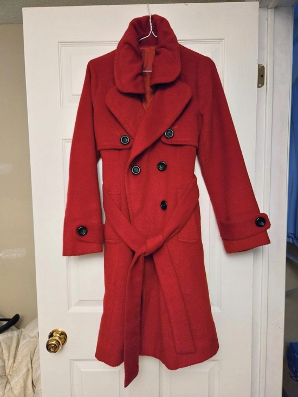 Red Double-Breasted Belted Pea Coat